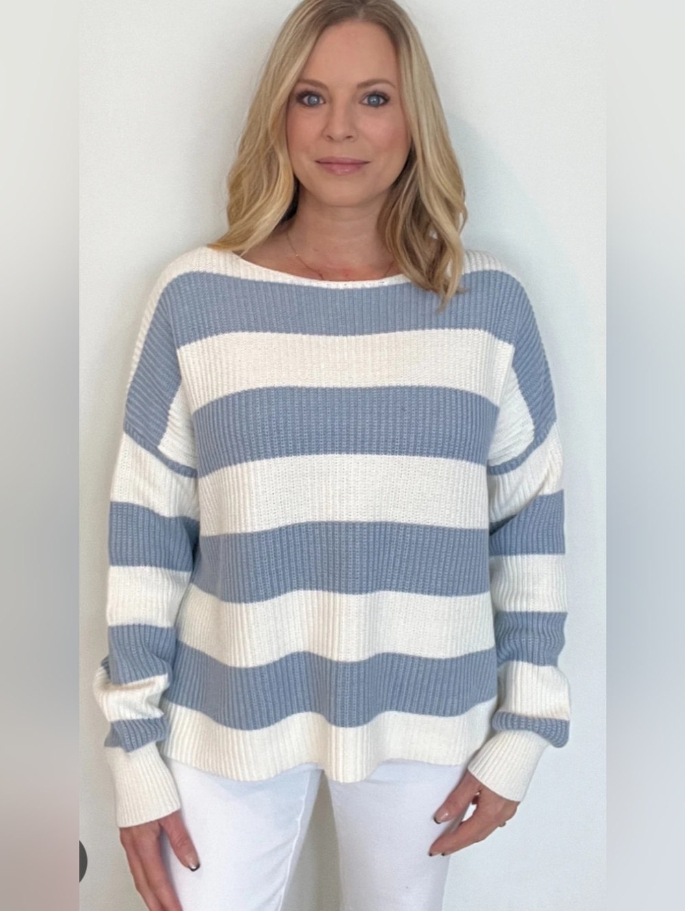 Blue and White Striped Boatneck Sweater